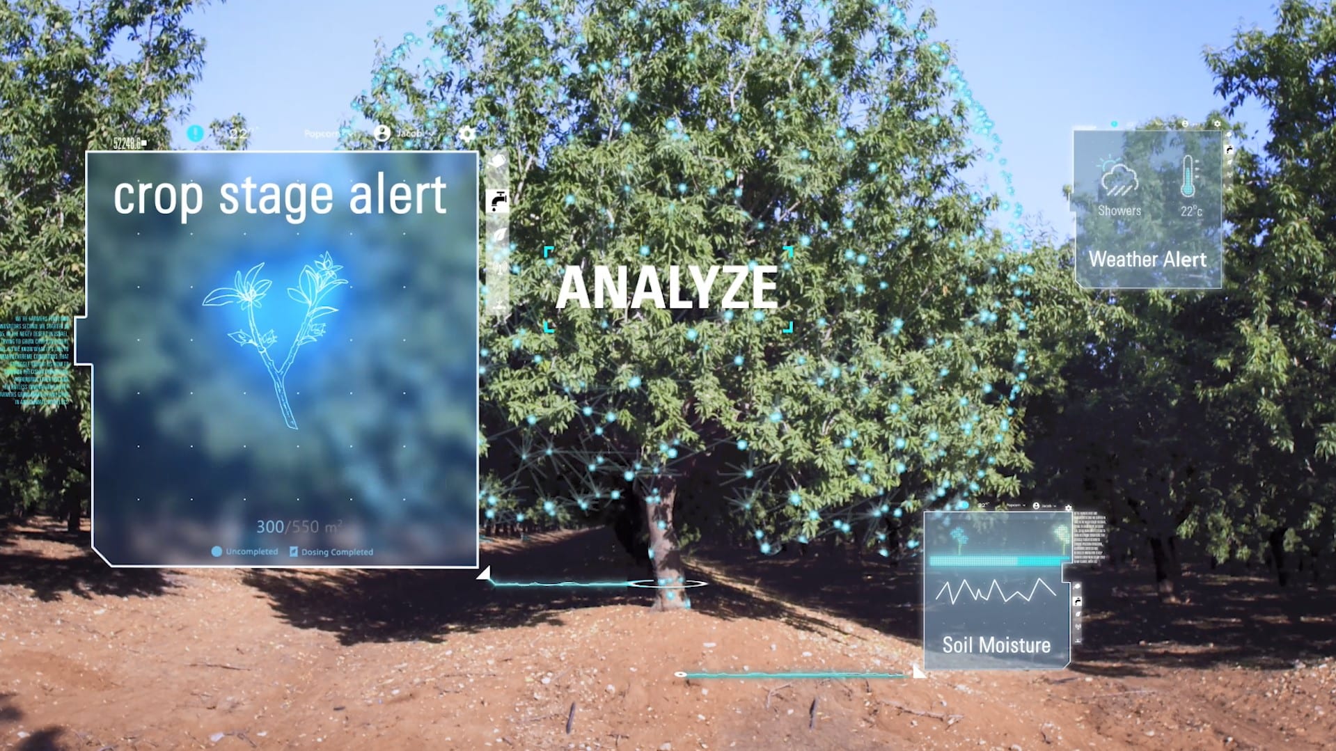 Digital interface and data overlay visualization on an agricultural field.