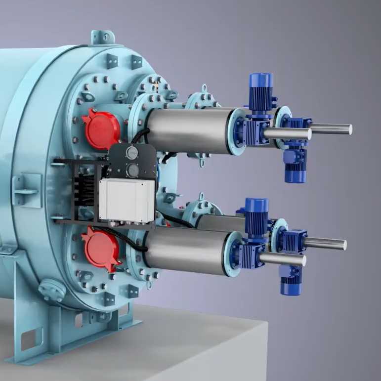 Close-up view of an industrial machine’s dual cylinder mechanism, highlighting the precision engineering and metallic components.