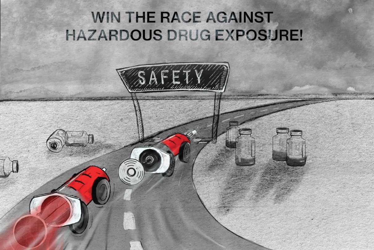 Syringes illustrated as race cars speeding toward a "SAFETY" finish line, symbolizing protection from hazardous drug exposure.