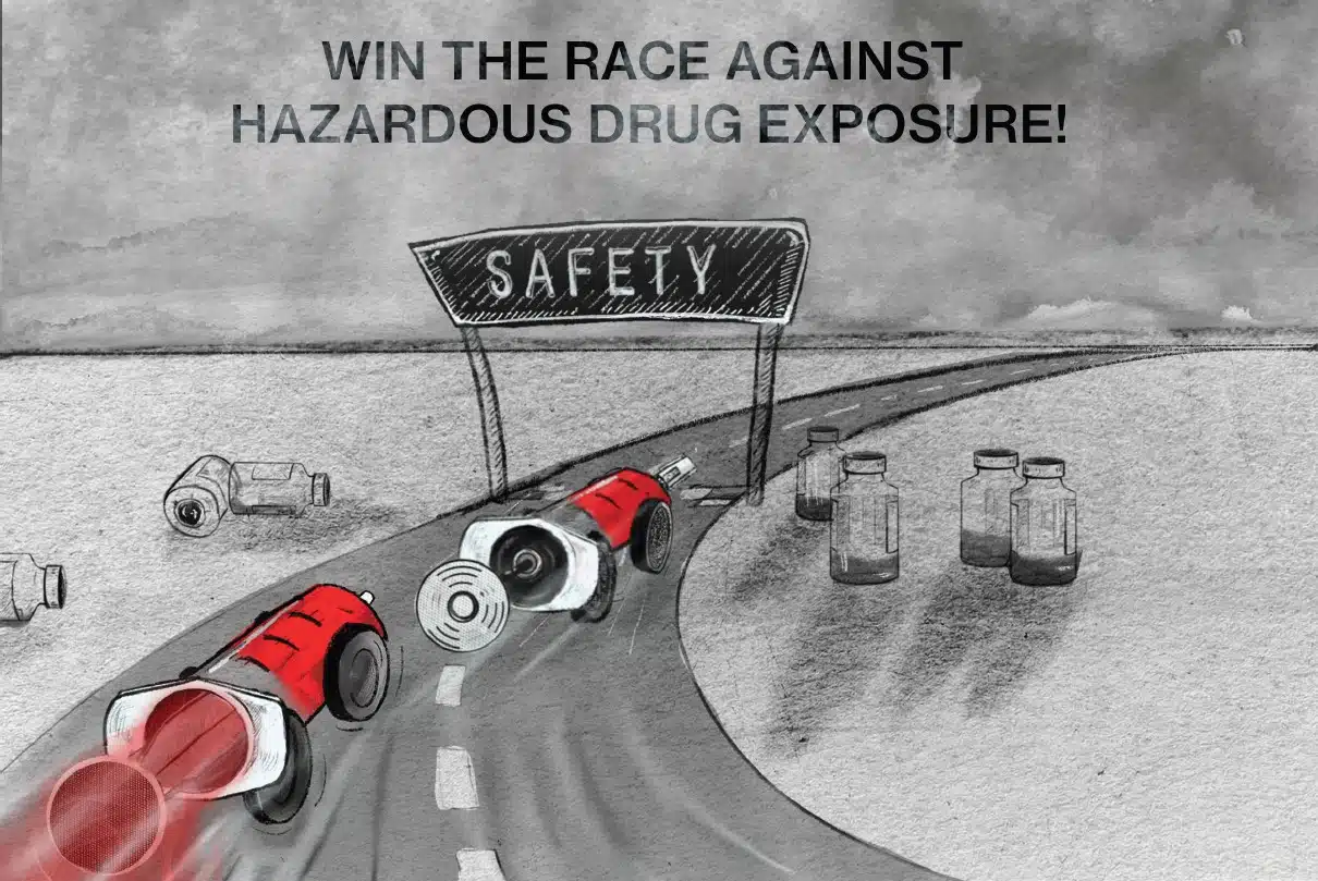 Syringes illustrated as race cars speeding toward a "SAFETY" finish line, symbolizing protection from hazardous drug exposure.