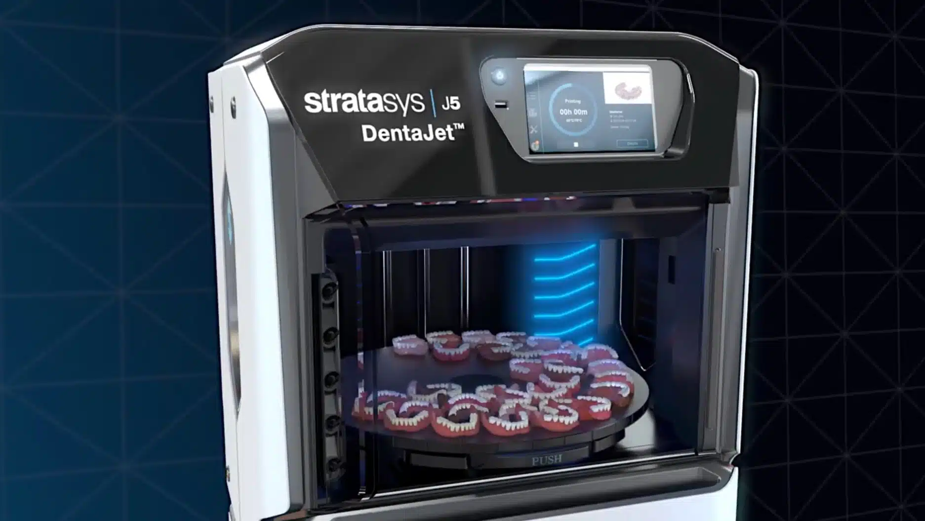 Stratasys J5 DentaJet dental 3D printer open chamber CGI render showing dental models on print tray with UV light - still from Breeze Animation 3D product animation