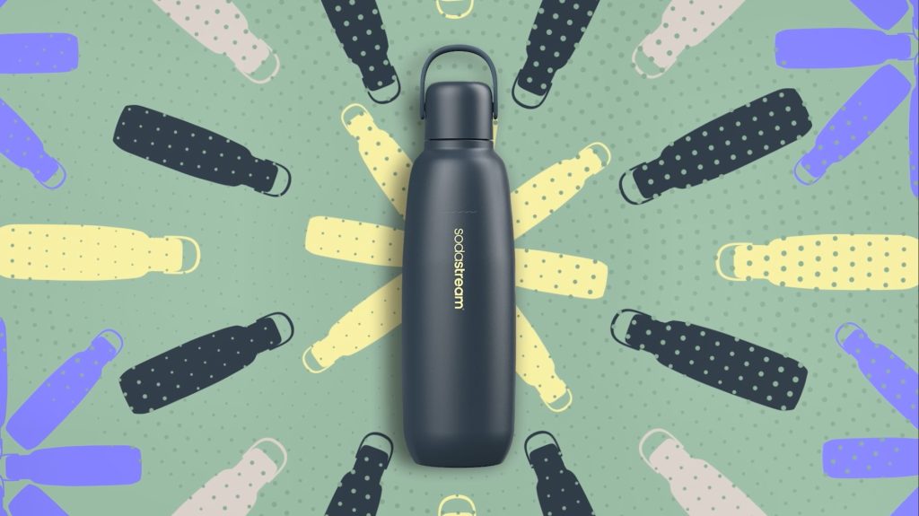 SodaStream reusable water bottle with modern design and pattern background