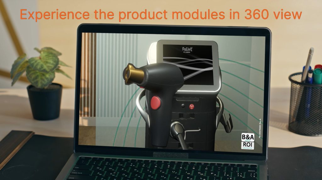 Interactive 360-degree product module view displayed on a laptop screen