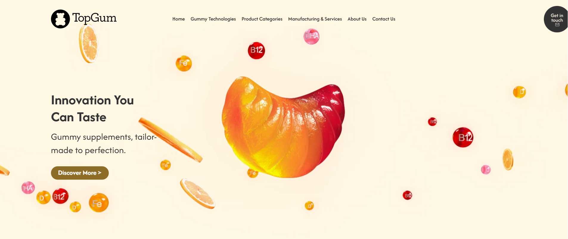 Interactive 3D product web page design showcasing a colorful gummy candy with floating elements